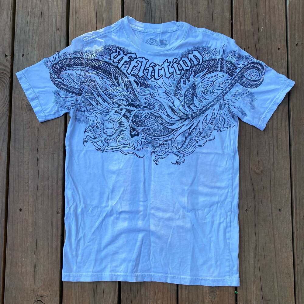 Affliction Dragon Graphic T-Shirt White Size L Youth
